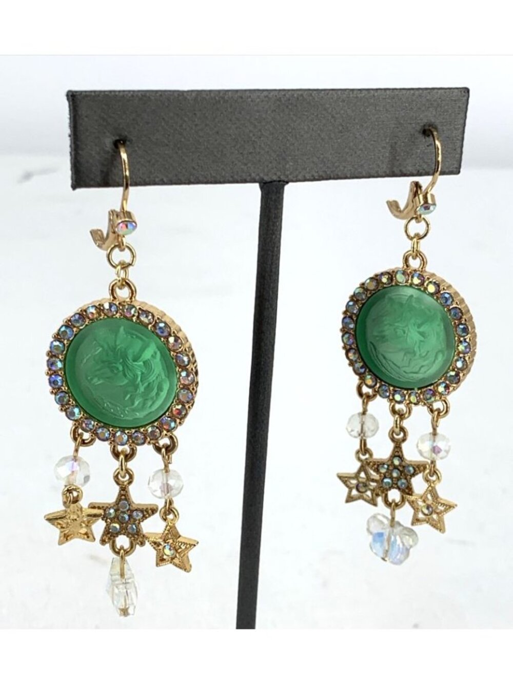 Kirk’s Folly Unicorn Earrings Green Goldtone Rhinestones Stars Dangle 3"